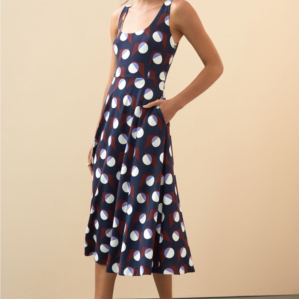 Anthropologie Navy Geometric Midi Dress with White and Brown Accents by Maeve